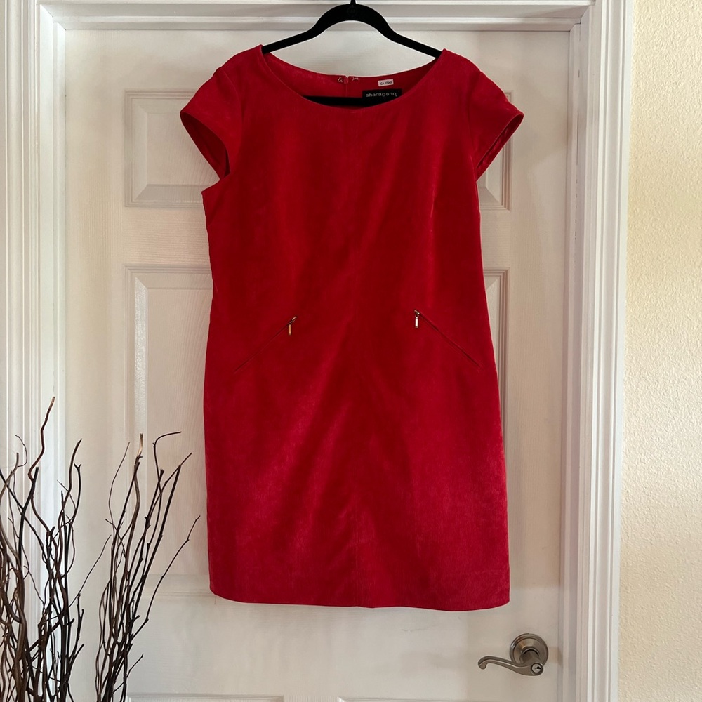 Sharagano Red Sheath Dress Bateau Neck Cap Sleeve